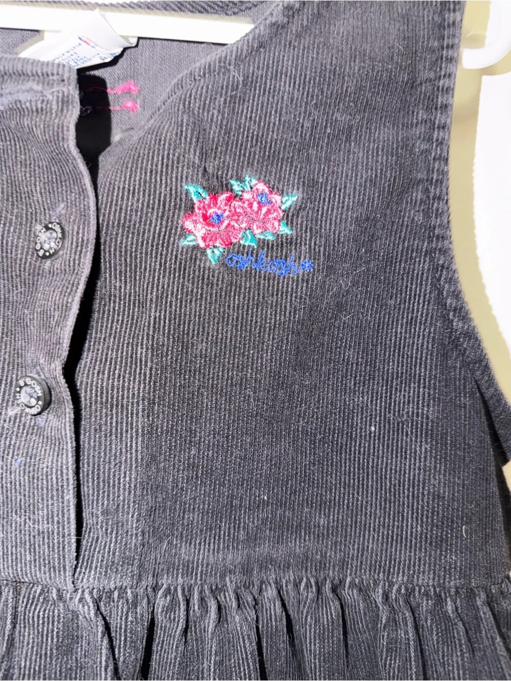 VTG Oshkosh Corduroy Jumper Dress Black Logo Flower Buttons Size 6 USA Girl's